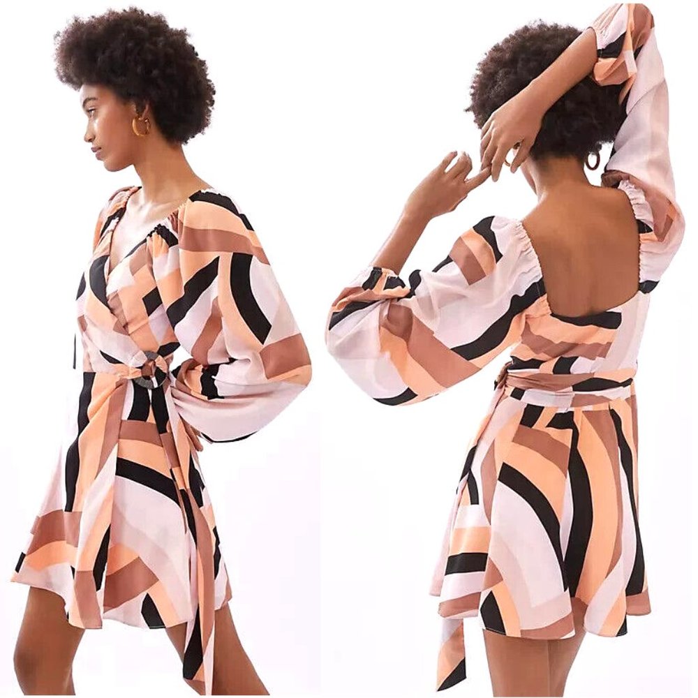 NWT Anthropologie Hutch Geo Wrap Mini Dress Mod Retro Peach Pink Combo Belted